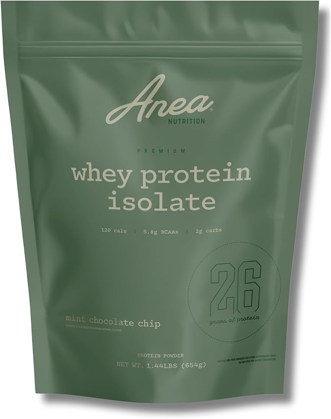 Anea Whey Protein Isolate - Mint Chocolate Chip | 26g Protein | 5.8g BCAAs | 2g Carbs| Complete Amino Acids | Gluten-Free Soy-Free | Lean Muscle &amp Recovery | Made in GMP Facility