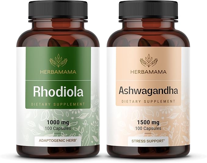 HERBAMAMA Rhodiola Rosea and Ashwagandha Kit - Bundle of 1000 mg Rhodiola Rosea Capsules &amp1500 mg Ashwagandha Root Capsules - Vegan Non-GMO Gelatin-Free - 2 Pack