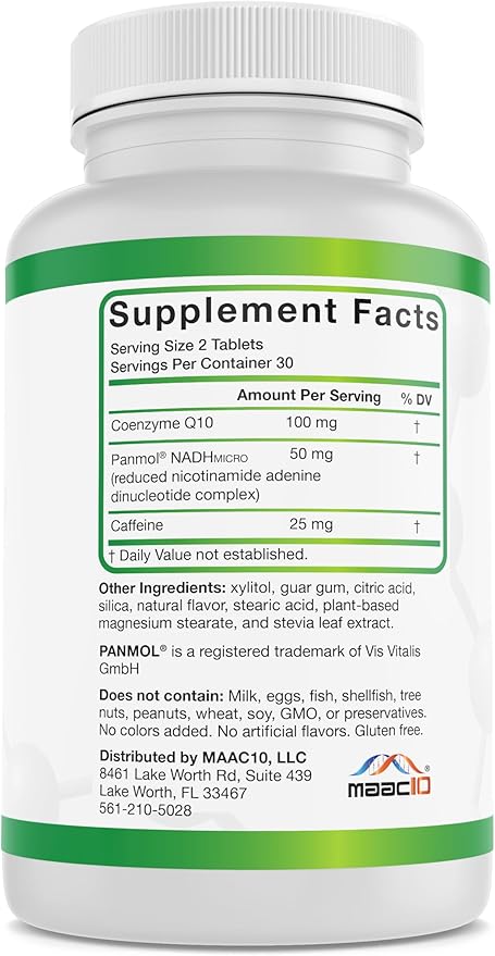 MAAC10 Energy Booster - with NADH Caffeine &amp Coq10 Fast Acting Chewable Tablets - Great for Fatigue Energy &amp Mental Focus.