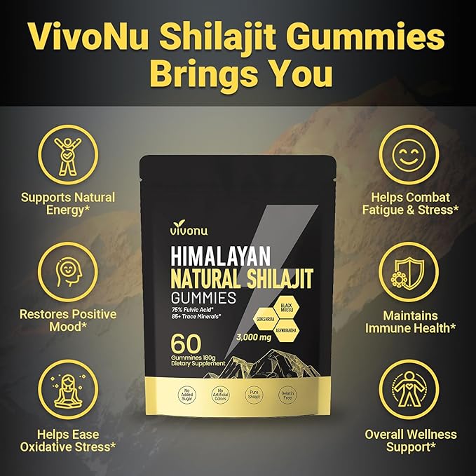 Himalayan Shilajit Gummies with Ashwagandha &amp Gokshura | 85+ &amp Fulvic Acid | Organic Non-GMO for Men &amp Women | 100% Pure &amp Natural