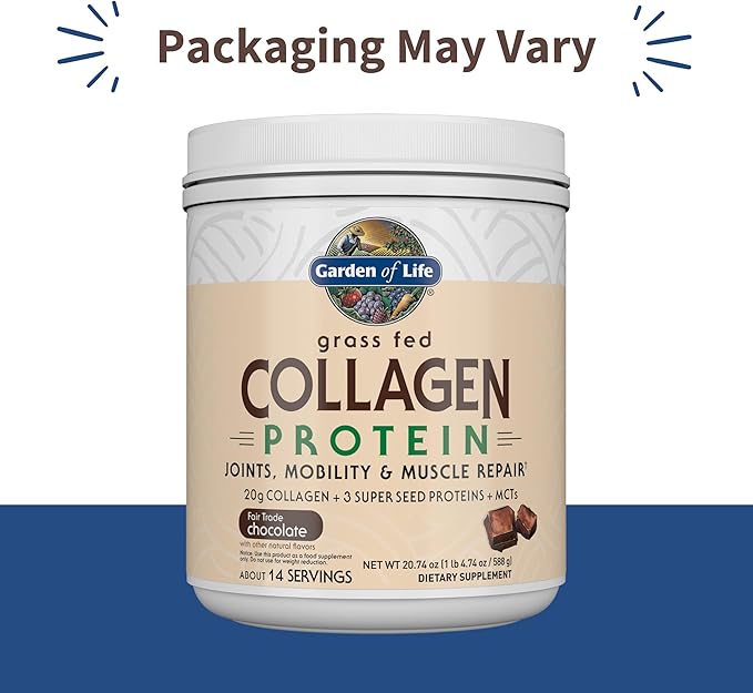 Garden of Life Grass Fed Collagen Protein Powder - Chocolate 14 Servings Powder for Joints Mobility Muscle Repair Collagen Peptides + Super Seeds + Coconut MCTs Keto Supplement