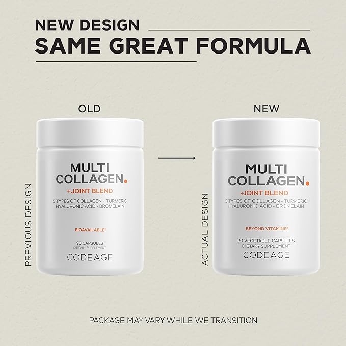 Codeage Multi Collagen Protein + Joint Blend Supplement Hyaluronic Acid Bromelain Turmeric Ginger Boswellia Astaxanthin - Hydrolyzed Bovine Collagen - 5 Collagen Types - Non-GMO - 90 Capsules