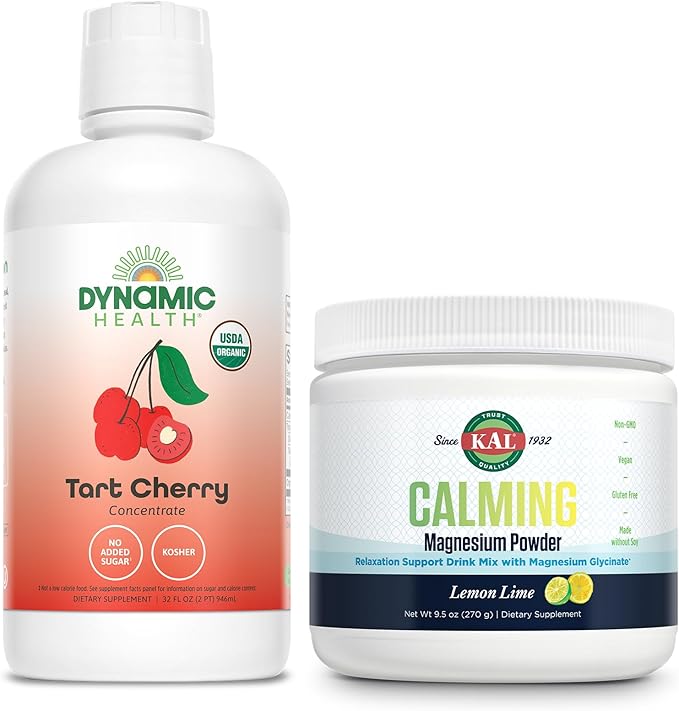 Dynamic Health Organic Tart Cherry and KAL Calming Magnesium Powder - Unsweetened 100% Juice Concentrate and Lemon Lime Flavor Magnesium Supplement - 31 Servings 32oz and 40 Servings 9.5 OZ