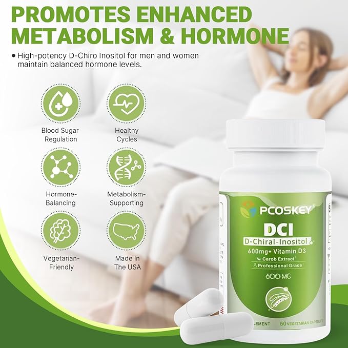 pcoskey® D-Chiral-Inositol with Vitamin D3 – 600mg DCI + 400 IU Vitamin D3 – Hormonal Balance &amp Ovary Support – 60 Vegetarian Capsules