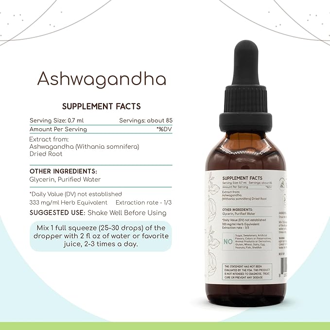 HerbEra Ashwagandha B60 Alcohol-Free Herbal Extract Tincture Super-Concentrated (Shui Qie Indian Ginseng Withania Somnifera) 2 fl oz