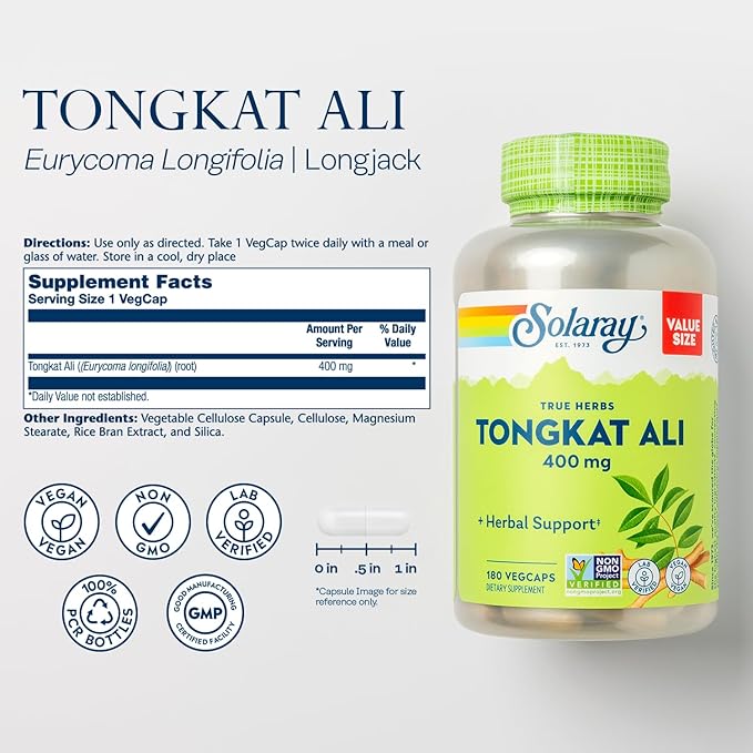 SOLARAY Tongkat Ali 400 mg - Longjack Tongkat Ali for Men - Herbal Support for Men's Health and Vitality - Vegan Non-GMO Lab Verified - 180 Servings 180 VegCaps