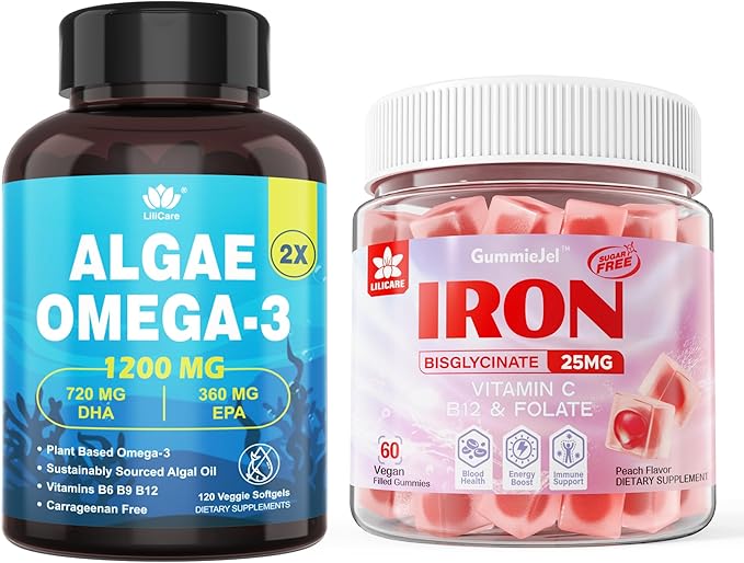 Vegan Iron Gummies &amp Plant-Based Algae Omega 3 1200mg Supplement