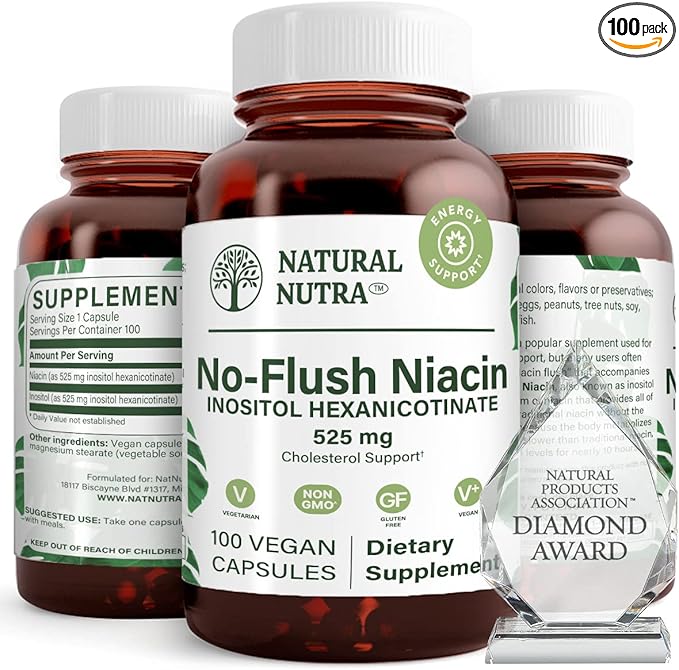 Natural Nutra No Flush Niacin Vitamin B3 Supplement Helps Improve Cardiovascular Health Helps Improve Skin Texture Promotes Better Brain Function Helps Boost Energy Level 525 mg 100 Capsules