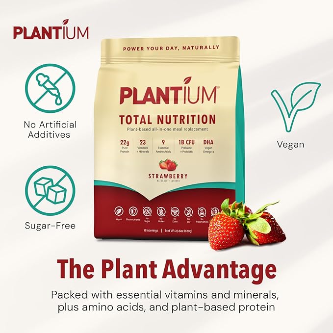 Plantium Total Nutrition Premium All-in-One Meal Replacement Shake Plant-Based Protein Powder with Vitamins Minerals &amp Probiotics 22g Protein per Serving Strawberry