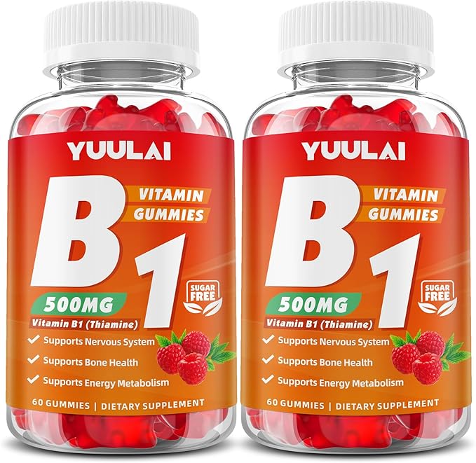Pack of 2 Vitamin B1 Gummies 500mg for Adults &amp Kids Thiamine B1 Supplement with Magnesium Vitamin B1 Supplement for Nervous System Supports &amp Boost Energy Raspberry Flavor 120 Count