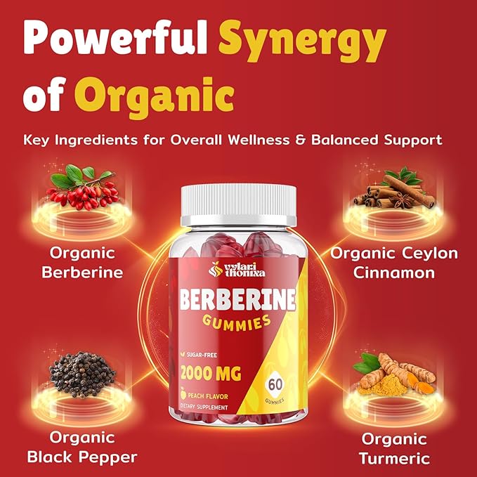 2000mg Berberine Supplement Gummies – High Potency Wellness Blend with Ceylon Cinnamon Turmeric Magnesium &amp Chromium Vegan Non-GMO Gluten-Free Peach Flavor 60 Gummies - 1 Pack