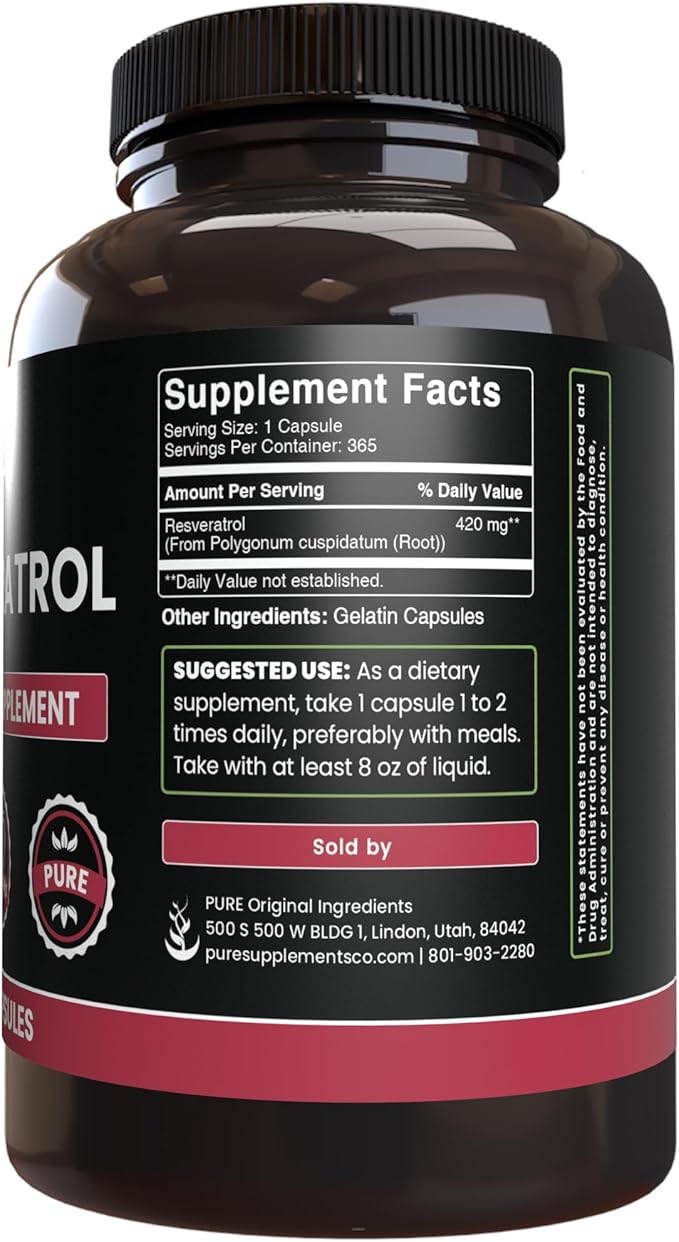 PURE ORIGINAL INGREDIENTS Resveratrol (365 Capsules) No Magnesium Or Rice Fillers Always Pure Lab Verified