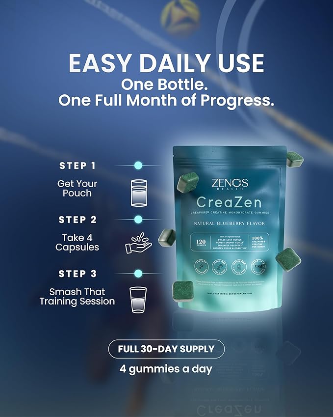 Zenos Health CreaZen - Creatine Monohydrate Gummies - Creatine Supplement for Muscle Growth Strength Recovery &amp ATP Boost Preworkout Supplements - Made in USA Blueberry Flavor - 120 Count
