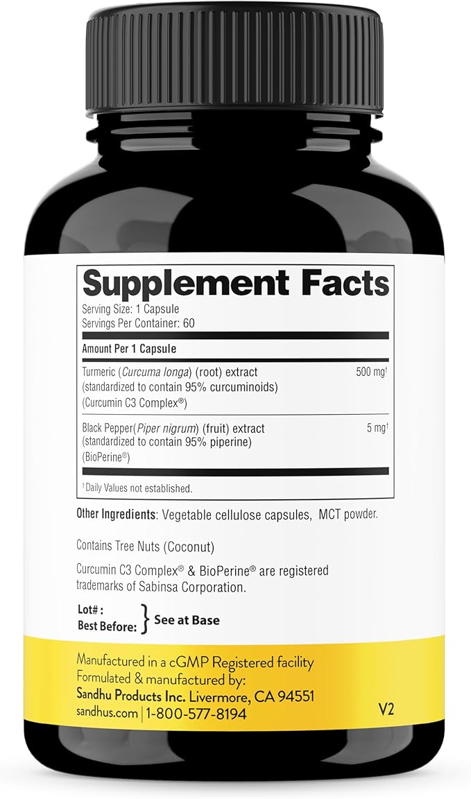 Sandhu's Curcumin C3 Complex with BioPerine 60 Capsules | Non-GMO | High Absorption from Turmeric Root