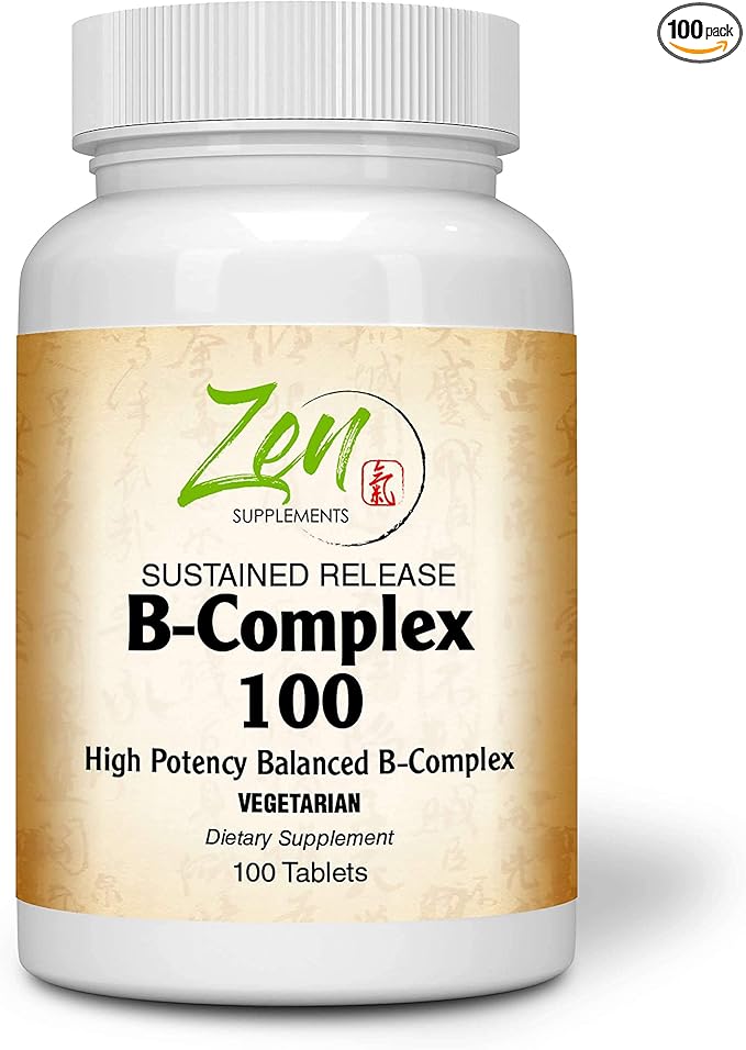 Complete B-Complex Vitamin Supplement - B Vitamin Supplement Complex with Folic Acid Biotin Inositol - for Immune &amp Cardio Health Energy Metabolism - 100 Sustained-Release Tablets
