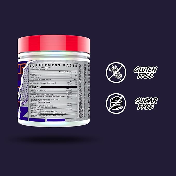 GHOST Sleep Dietary Supplement Blue Dream - Recovery &amp Rest with Premium Ingredients Including Melatonin Colostrum &amp Ashwagandha – Supports Sleep Quality - Gluten-Free &amp Sugar-Free