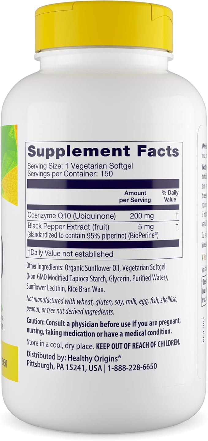 Healthy Origins Natural Enhanced CoQ10 (BioPerine®) 200 mg - Heart Health &amp Energy Supplement - Gluten-Free &amp Non-GMO Supplements with BioPerine &amp Sunflower Lecithin ((Pack of 1) 150 Veg