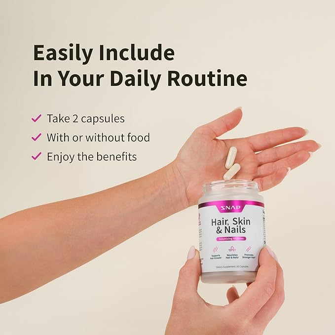 Snap Supplements Hair Skin and Nails Vitamins Support Hair Growth Nourish Skin and Nails with Biotin Collagen Kelp Bamboo and Other Vitamins Radiant Skin Strong Hair and Nails 60 Capsules