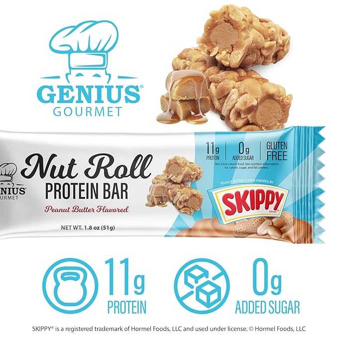 Genius Gourmet SKIPPY Peanut Butter Flavor Inspired Protein Nut Roll Bar11g Protein per serving(18% DV) 0g Added Sugar Carb Conscious Snack Bar Gluten Free – 10 Count