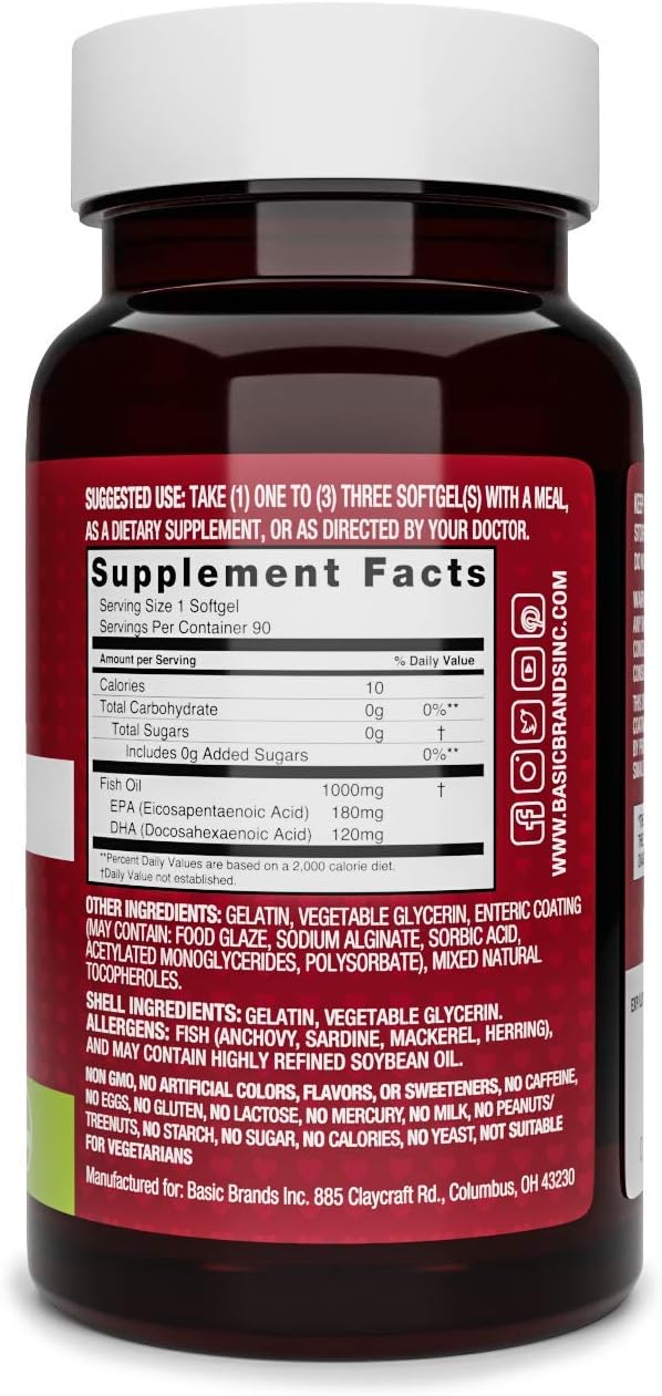 Basic Brands Smart Heart Odorless Omega-3 Fish Oil 1000mg - Triple Strength EPA &amp DHA Non-GMO Heart &amp Cognitive Support - 90 Burpless Softgels - 2-Pack