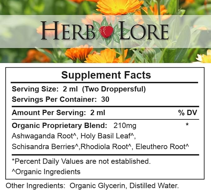 Herb Lore Organic Adrenal Tonic Tincture - Herbal Adrenal Support Supplement - Adaptogen Drops with Ashwagandha Rhodiola Eleuthero Holy Basil and Schisandra - Alcohol Free - Liquid - 2 Fl Oz