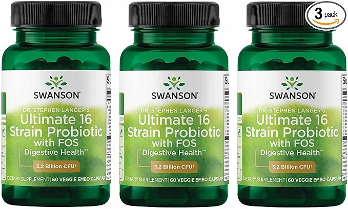 Swanson Dr. Stephen Langer's 16-Strain Probiotic with Prebiotic FOS for Gut-Health-Conscious Adults with 3.2 Billion CFU (60 Vegan Capsules 3 Pack)