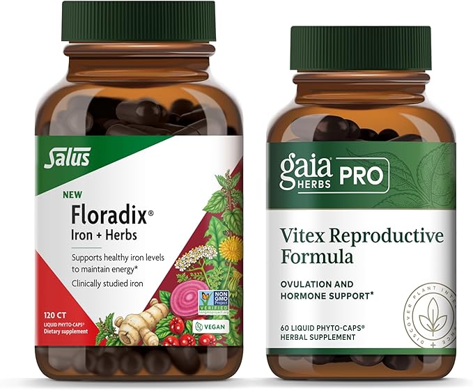 Floradix Iron + Herbs - Iron Supplement for Healthy Energy Support* &amp Gaia Herbs Pro Vitex Reproductive Formula - Bundle (Pack of 2)