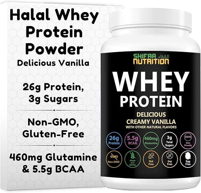 SHIFAA NUTRITION Delicious Creamy Vanilla Halal Whey Protein Powder 2Lbs | 26g Protein 5500mg BCAAs and 460mg Glutamine | for Recovery &amp Lean Muscles | Gluten-Free | Non-GMO | Keto-Friendly