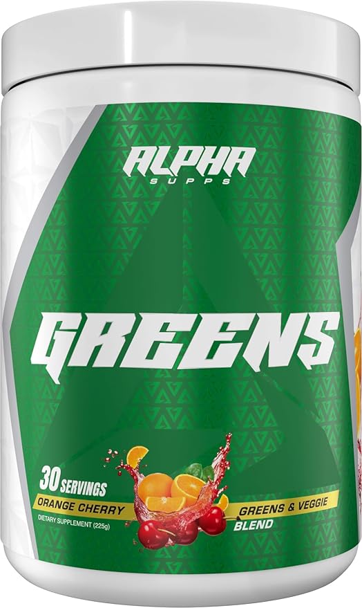Alpha Supps - Alpha Greens Supplement | Fruit &amp Vegetable Superfood Powder | Over 40 Natural Plant Based Ingredients | Prebiotic &amp Probiotic Digestive Support Blend - 30 Servings (Orange Cherr