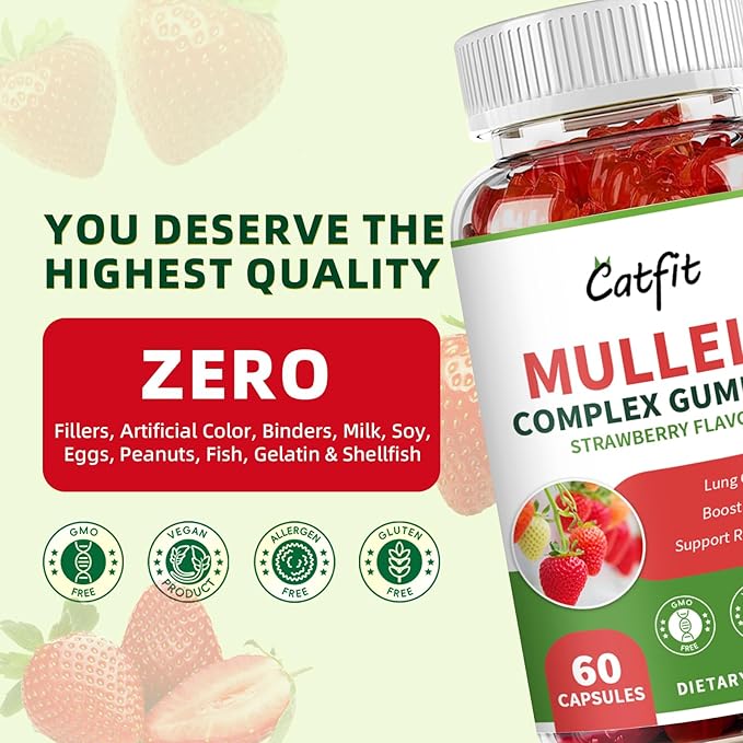 Catfit Mullein Gummies for Lungs Detox &ampLymphatic DrainageMullein Leaf ExtractQuercetin&ampElderberry for Respiratory &amp Immune SupportVegan Strawberry Flavor 120 Gummies