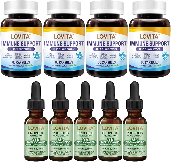 LOVITA 9-Piece Herbal Bundle - 5 Propolis Drops &amp 4 Immune 8-in-1 Capsules Bee Propolis &amp Elderberry Blend