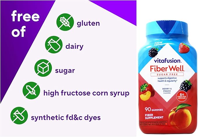 Vitafusion Fiber Well Sugar Free Gummies Dietary Supplement Peach/Strawberry/Berry 90 Ct (6 Pack) (Bundle)