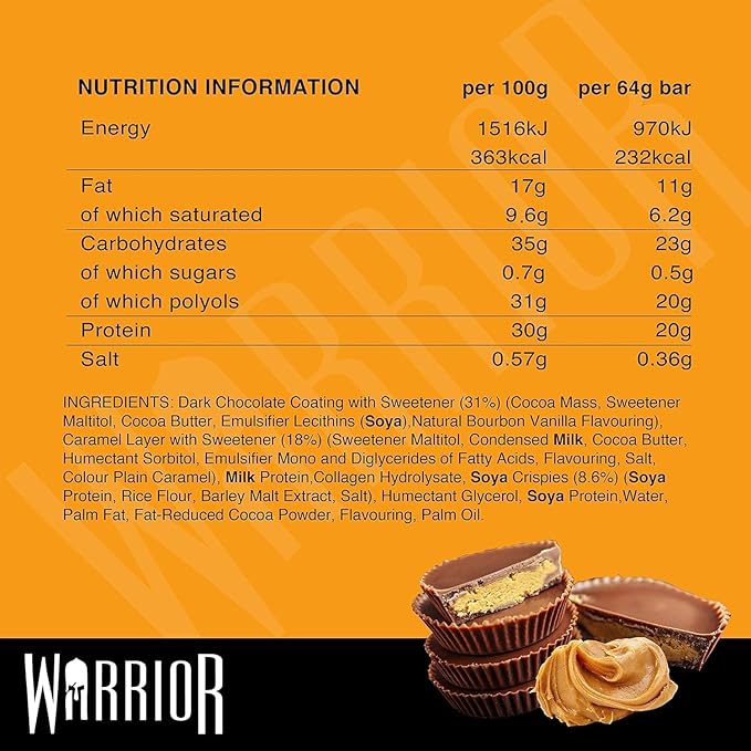 Warrior HIGH PROTEIN BARS (20g Protein each) - Low Carb Low Sugar - Pack of 12 Caramel Crispy Crunch Bars - Dark Chocolate &amp Peanut Butter