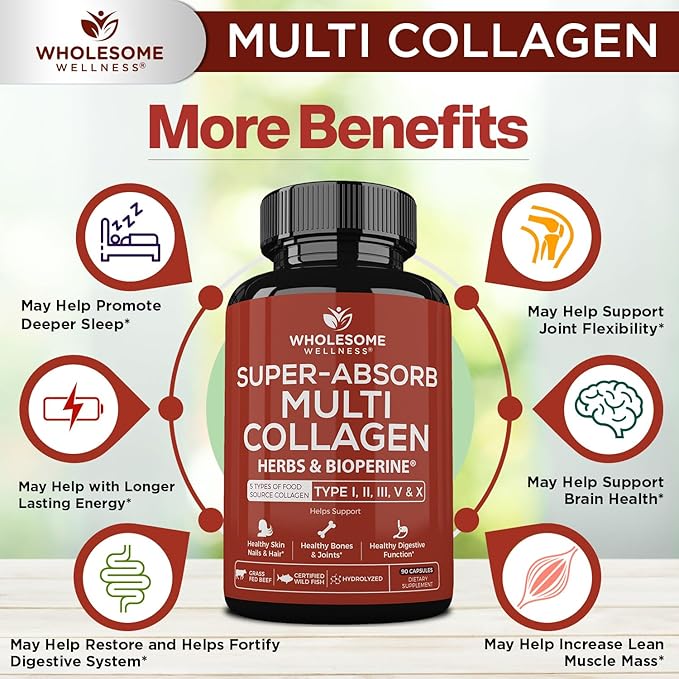 Wholesome Wellness Super-Absorb Multi Collagen Pills (Type I II III V X) Organic Herbs &amp Bioperine - Hair Skin Nails - Hydrolyzed Peptides Protein Supplement for Women &amp Men (90 Capsules)