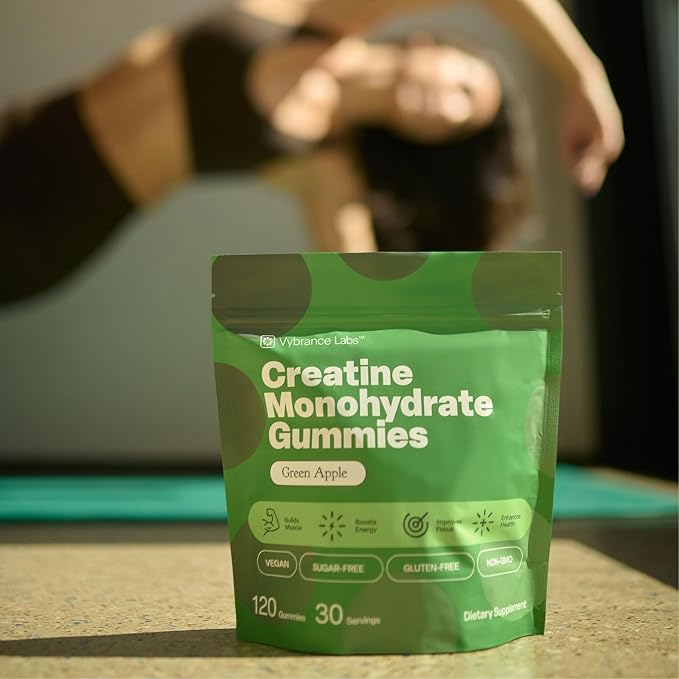 Creapure Creatine Gummies 5g + Taurine &amp B12 - Sugar-Free Vegan Gluten-Free - Green Apple - 120 Count (30 Servings) for Strength Energy &amp Focus