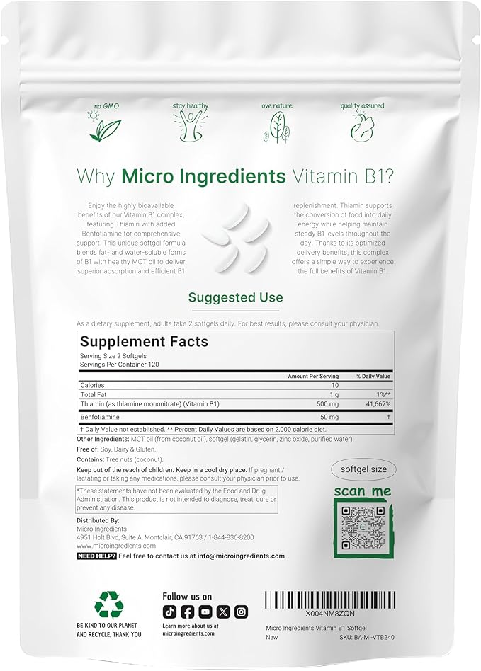 Micro Ingredients Vitamin B1 Thiamine 500mg with Benfotiamine &amp MCT Oil 240 Softgels | Highly Bioavailable Thiamine Supplement for Energy &amp Nervous System Support* | Non-GMO Soy Free