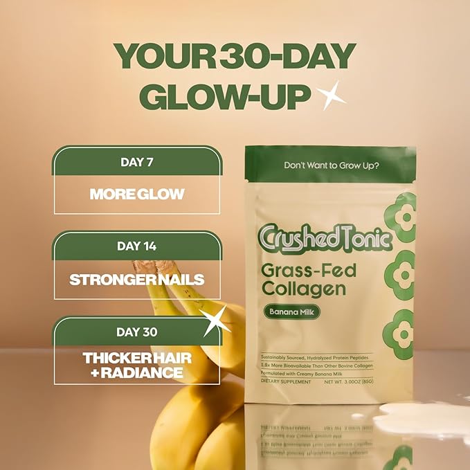 Crushed Tonic Korean Beauty Collagen Powder | Hydrolyzed Marine Collagen Peptides for Skin Glow Hair &amp Nails | K-Beauty Drink | Gluten-Free Halal &amp Kosher (Banana Milk 30 Servings (150 g)