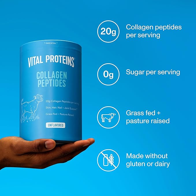 Vital Proteins Grass Fed Collagen Peptides Powder Supports Hair Skin Nails Bones and Joints Health Hydrolyzed Peptides - Zero Sugar Unflavored 20oz