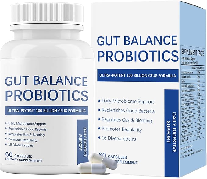Gut Balance Probiotics 100 Billion CFU Capsules Suitable for Adults - 16 Diverse Strains Daily Digestive and Immune Support Relieves Gas Bloating &amp Promotes Regularity - 60 Vegan Capsules