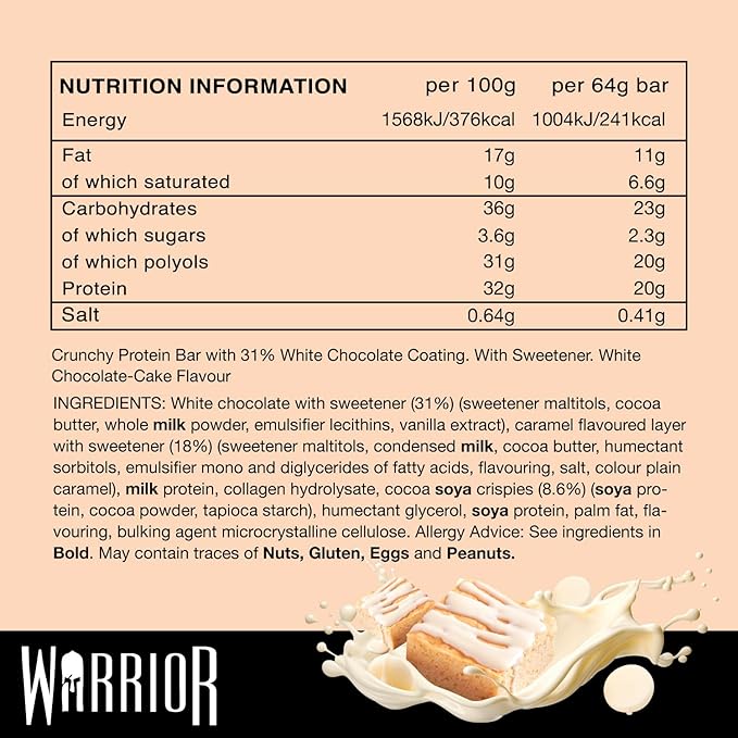 Warrior Crunch High Protein Bars | 20g Protein Low Carb Low Sugar Keto Friendly | Delicious Chewy Crispy On The Go Snack | Box of 12 Bars (White Chocolate Blondie)