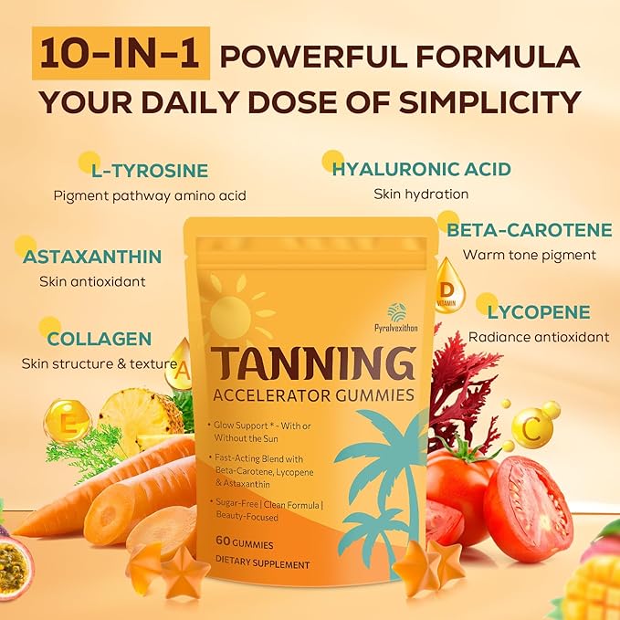 Tanning Gummies with Astaxanthin for Women and Men | Sunless Tanning Supplement with Beta Carotene Lycopene Collagen &amp Vitamins | Skin Radiance &amp Hydration | Vegan &amp Sugar Free - 120 Cou