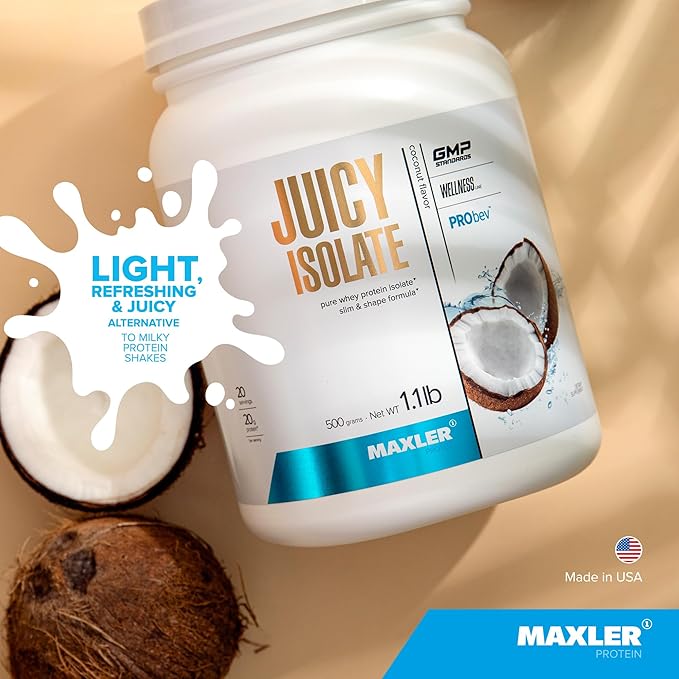 Maxler Juicy Isolate Protein Powder - Clear Whey Isolate - Low Lactose Fat Free Sugar Free Muscle Recovery Drink for Pre &amp Post Workout - Coconut 1.1 lb (20 Servings)