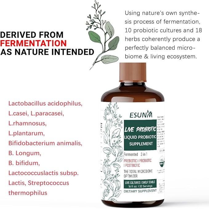 3-in-1 Liquid Probiotic Complex with Prebiotics Probiotics &amp Postbiotics - Features 10 Clinical Strains + 18 Organic Fermented Herbs - Complete Gut &amp Microbiome Support for Men &amp Women (1