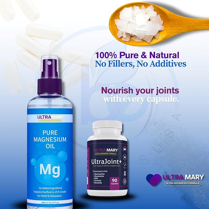 Joint Support UltraMary+(90 Capsules)+Pure Magnesium Oil Spray(300 ml) Combo–Glucosamine 1500mg Chondroitin MSMTurmeric &amp Boswellia–Mobility Flexibility &amp Muscle Relief|Articulaciones &amp
