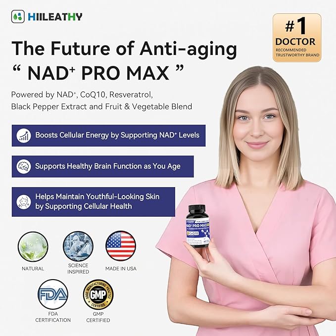 NAD+ Supplement for Men and Women with Resveratrol and CoQ10 Promotes Cell Regeneration and Anti-Aging American-Made NAD+ 60 Capsules