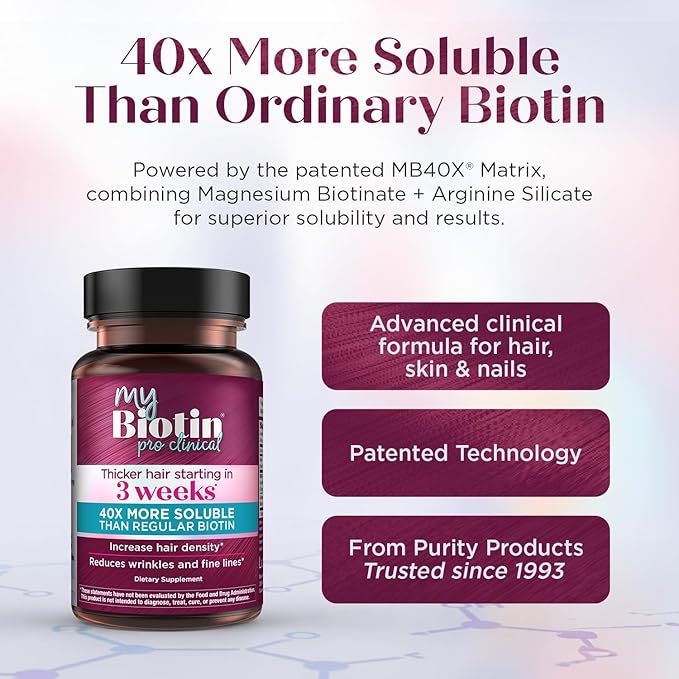 Purity Products MyBiotin ProClinical – Thicker Hair Starting in 3 Weeks &amp Fights Wrinkles - MB40X Patented Biotin Vitamin B7 Matrix w/Astaxanthin - 40X More Soluble vs Ordinary Biotin 30 Veg Caps