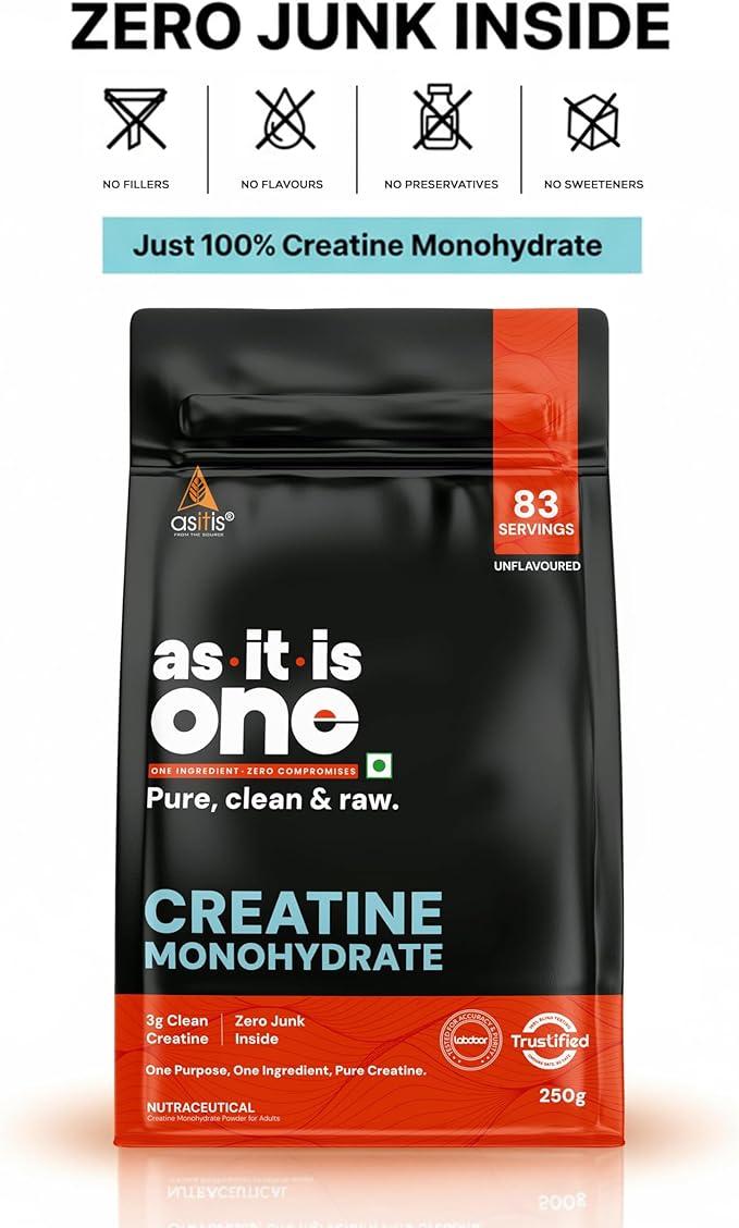 AS-IT-IS Nutrition Creatine Monohydrate 250gms/8.8 Oz | USA Labdoor Certified for Accuracy &amp Purity Preworkout 2.5g Per Serving Free of Fillers and Preservatives