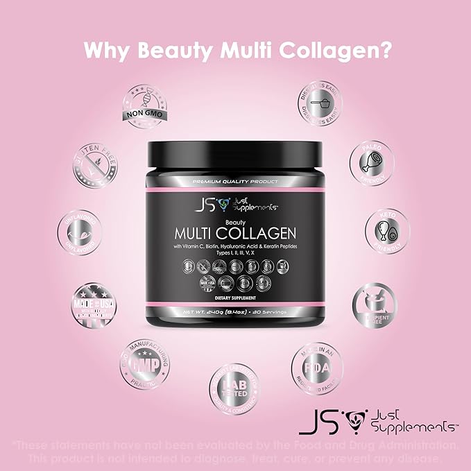 Beauty Multi Collagen with Vitamin C Biotin Hyaluronic Acid &amp Keratin Peptides Type I II III V X.
