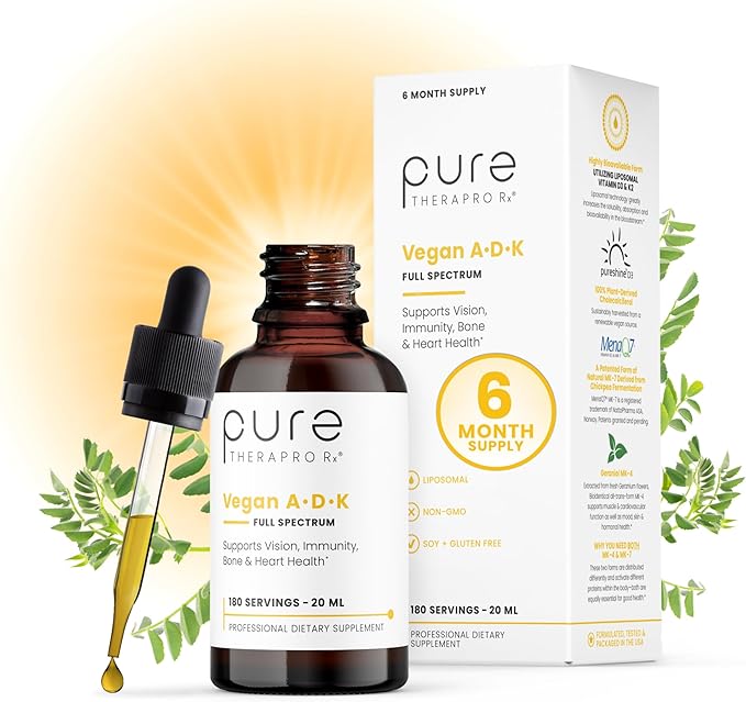 Pure TheraPro Rx Vegan A-D-K Drops-6 Mon Supply-Vitamin A(Palmitate &amp Betacarotene)Liposomal Vitamin D3(as vegan cholecalciferol)Liposomal Vitamin K2(MK-4 &amp MK-7)Supports Immunity &amp Bone