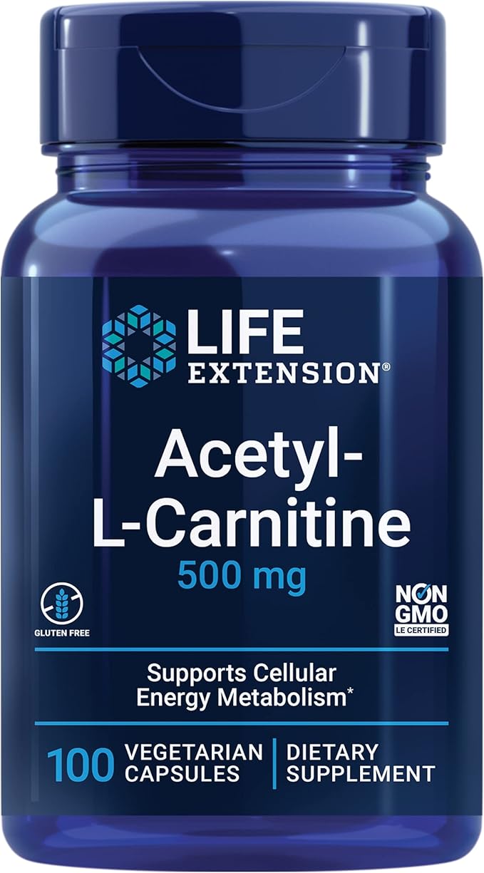 Life Extension Acetyl-L-Carnitine Acetyl-L-Carnitine Vitamin C Brain Mood &amp Nerve Health Cellular Energy 3-Month Supply Gluten-Free Non-GMO Vegetarian 100 Capsules